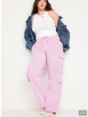 NWT Old Navy Pink Wide Leg Cargo Pants Mid Rise L Full Length Boho Soft Pant
